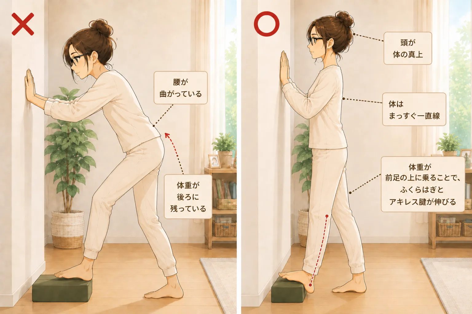 段差を使ったふくらはぎストレッチの正しい姿勢と間違った姿勢の比較