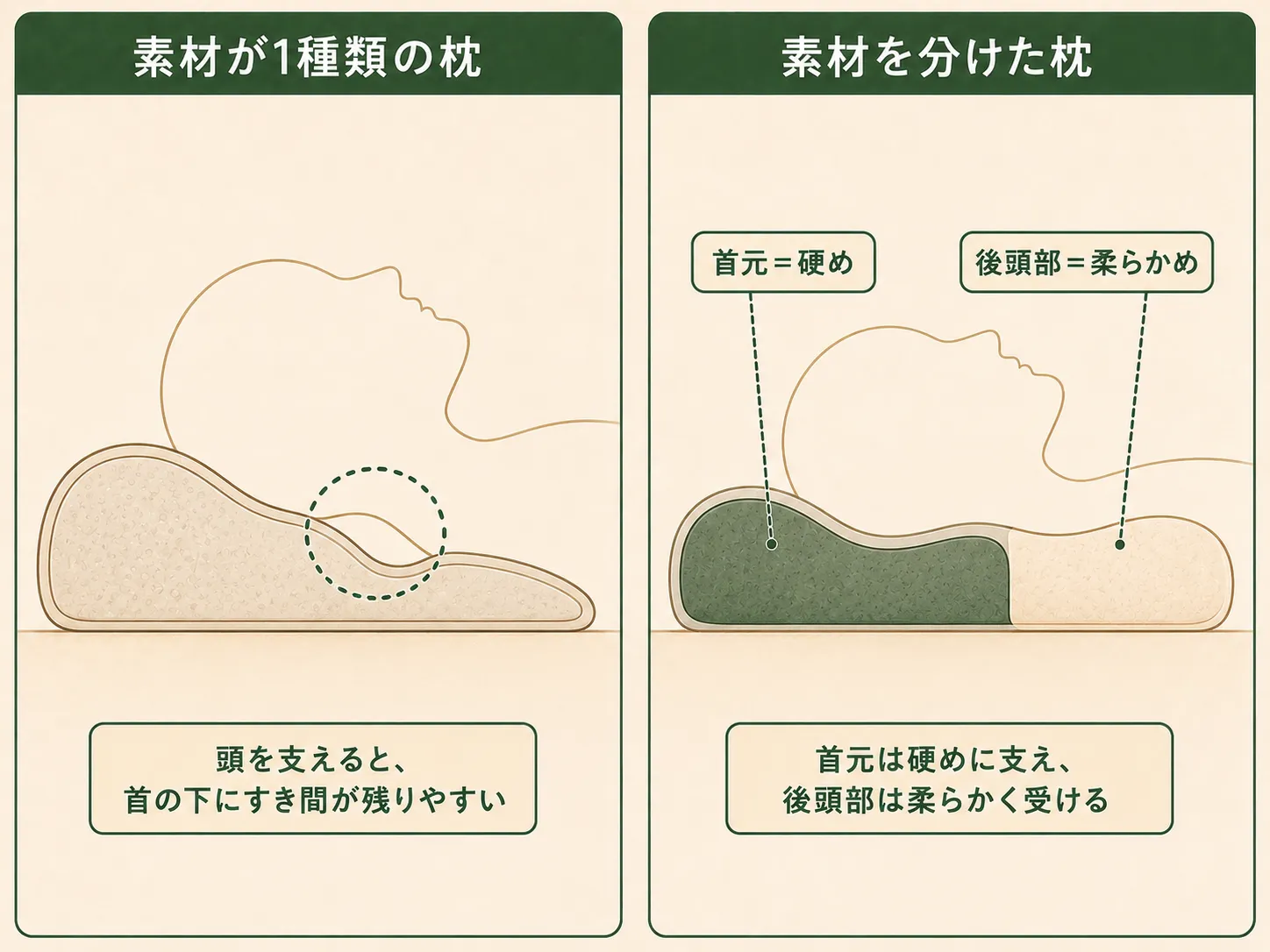 素材が1種類の枕と、首元と後頭部で素材を分けた枕の構造比較