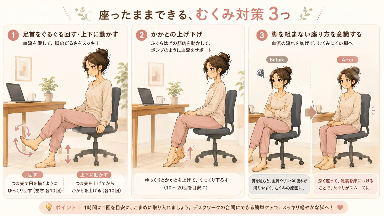 座ったままできる、むくみ対策3つ