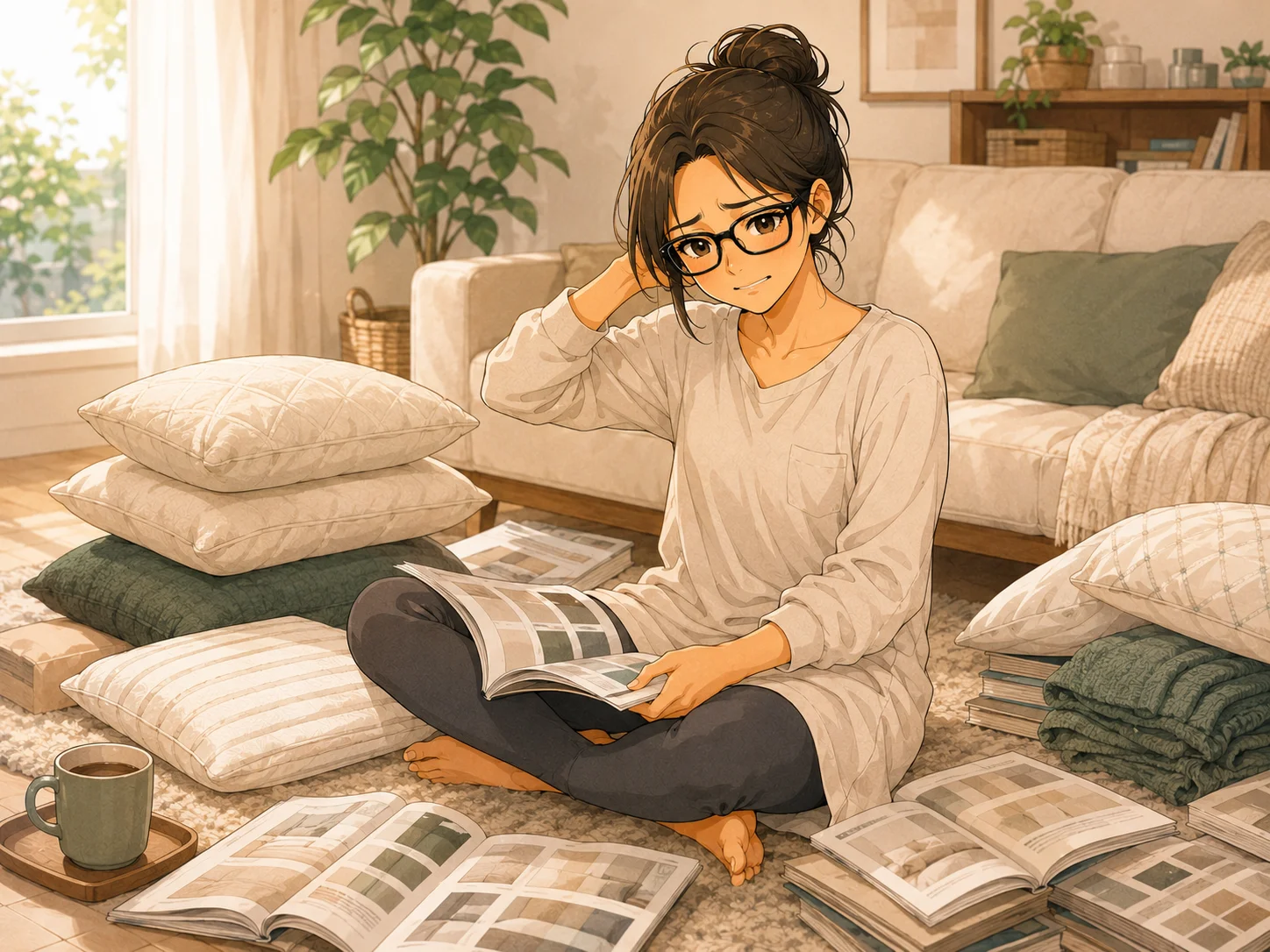 枕やカタログに囲まれて寝具選びに悩むみなみ