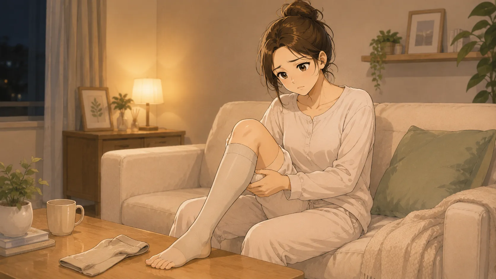夜のリビングで着圧ソックスを履いたまま迷う女性のイラスト