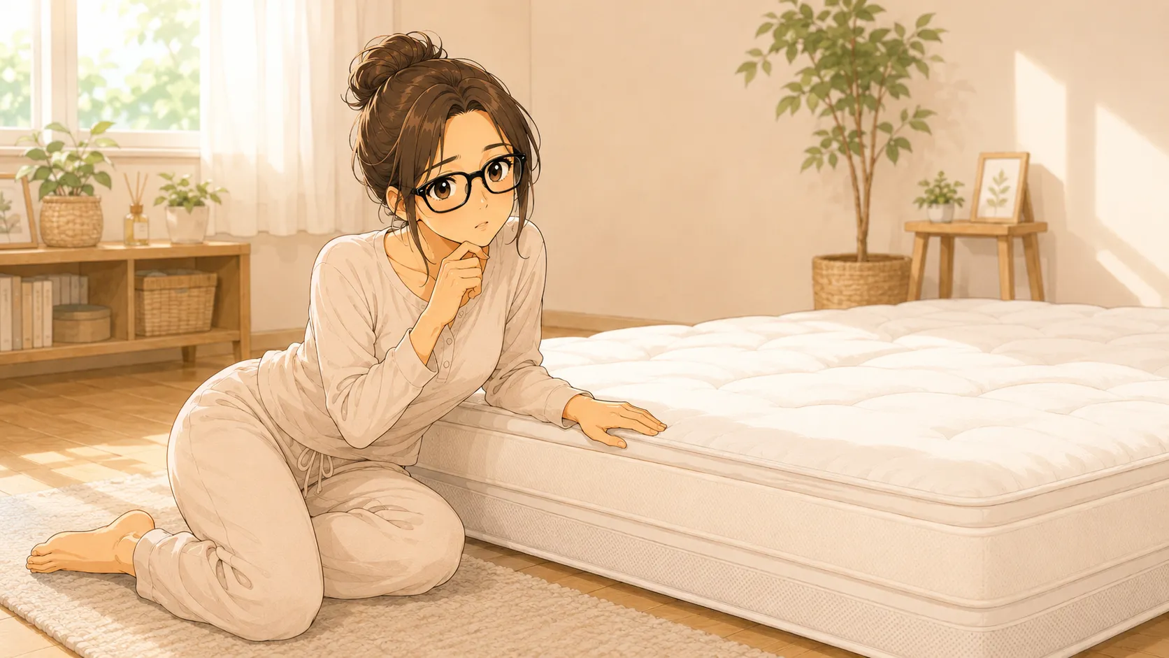厚みのあるマットレスの前で寝具を検討する女性のイラスト