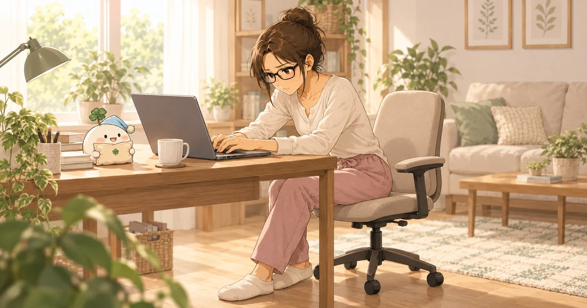 ノートパソコン作業で背中が丸まるみなみと、見守るねっこぼうず
