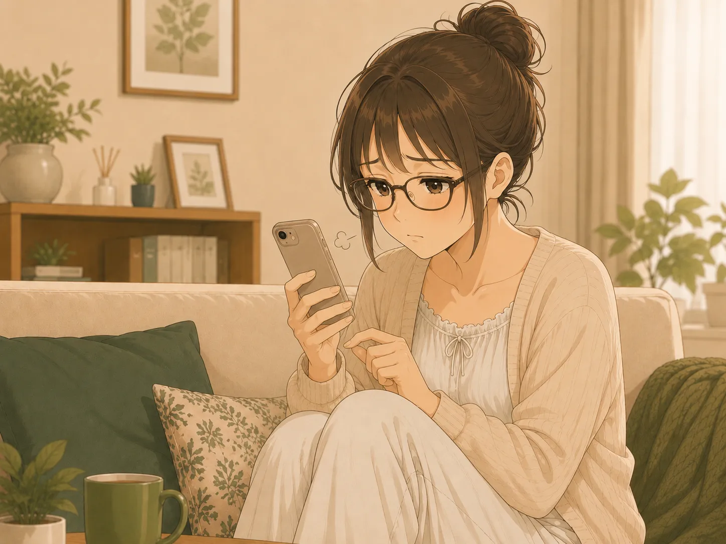 ソファでスマホを見ながらため息をつくみなみ。マッサージのお店を探し続ける日々