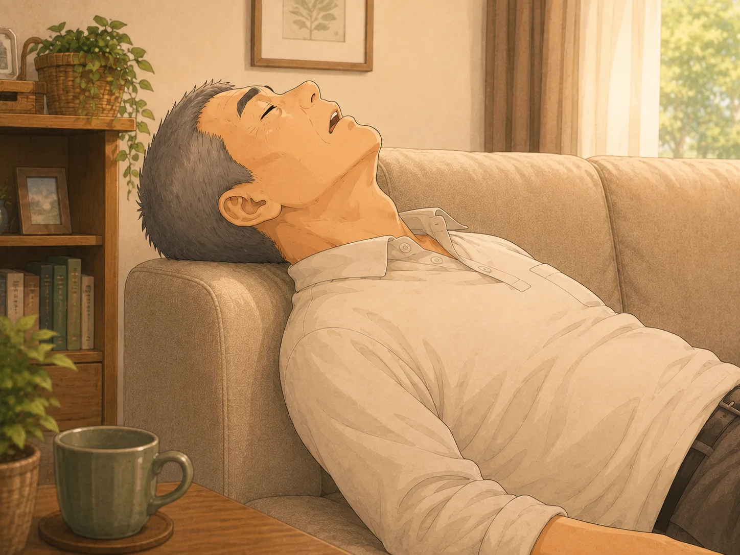 リビングのソファで仰向けにうたた寝するみなみの父