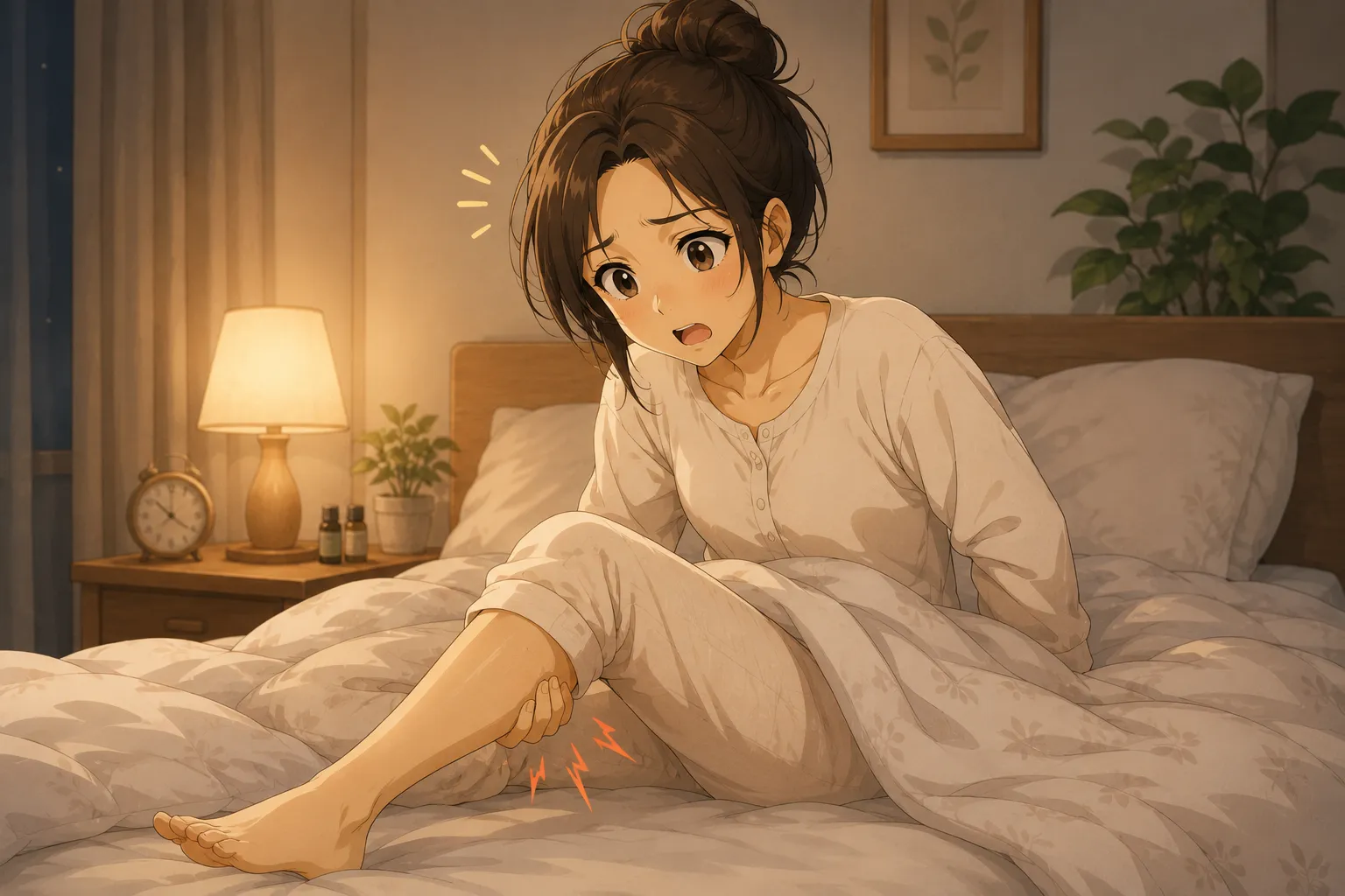 夜中にベッドの上でふくらはぎをおさえて痛がるみなみのイラスト