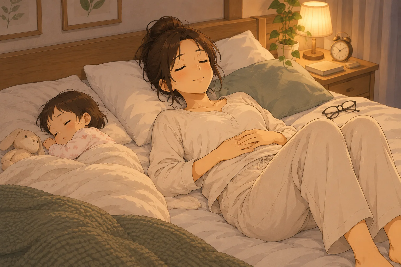 布団で膝を立てお腹に手を当てるみなみと赤ちゃん