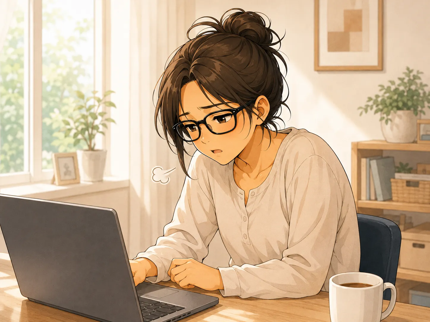 デスクで背中を丸めたまま浅い呼吸をしているみなみのイラスト