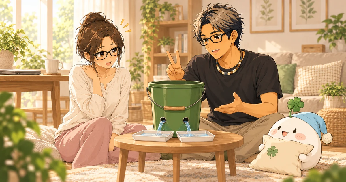 首・肩のストレッチと、姿勢・力み癖をバケツの2つの穴にたとえたイラスト