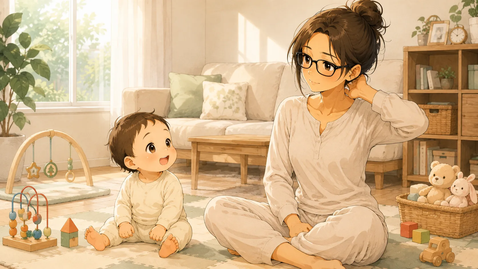 お座りする赤ちゃんを見守りながら自分の首に手を当てる女性のイラスト