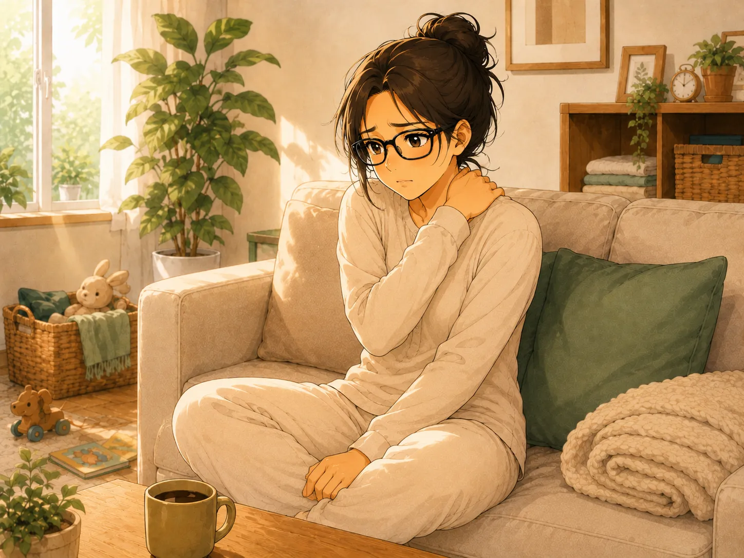 ソファに座り肩を押さえるみなみ。休んでいるのに緊張が残る表情