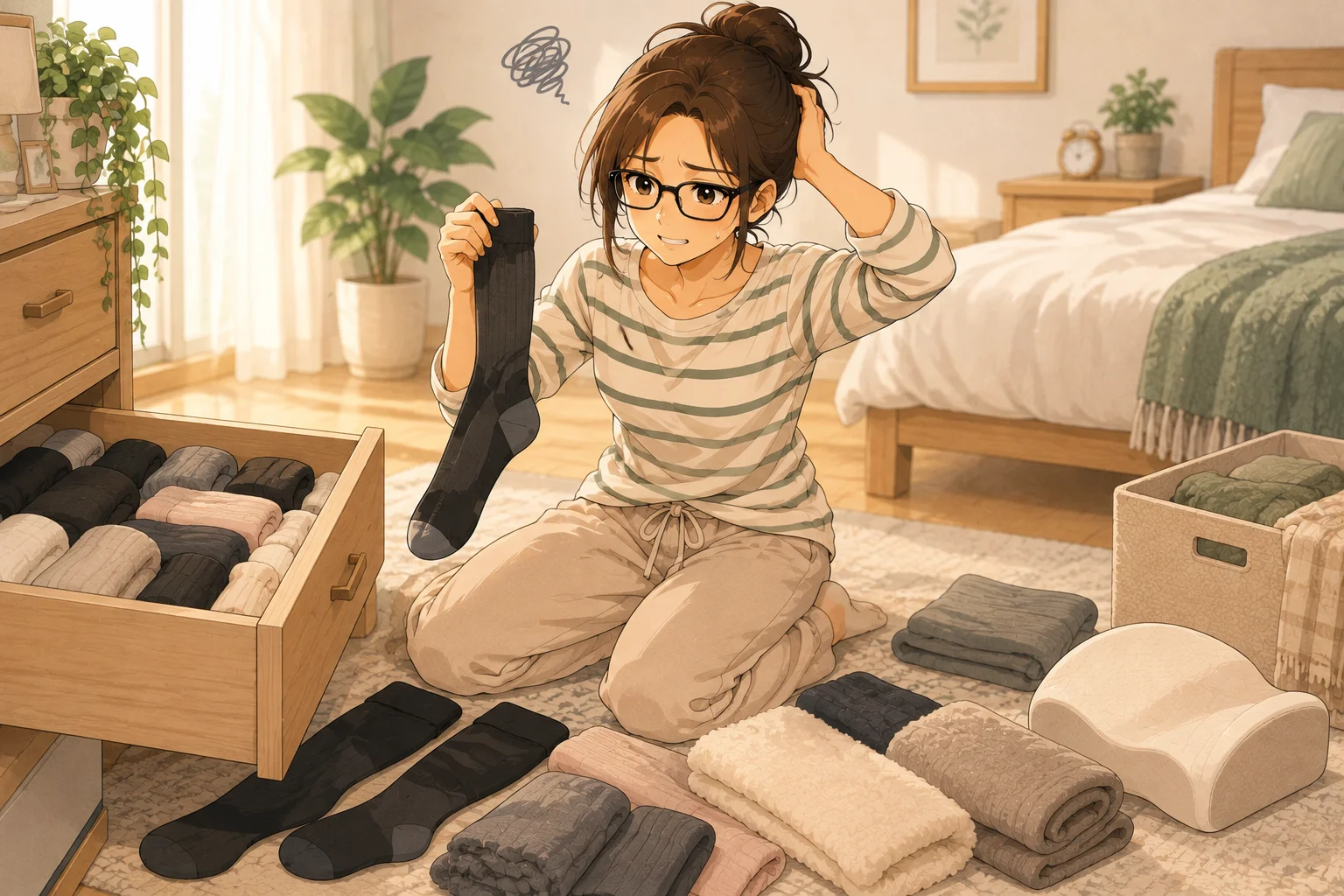 引き出しの前で靴下を持って苦笑いするみなみ