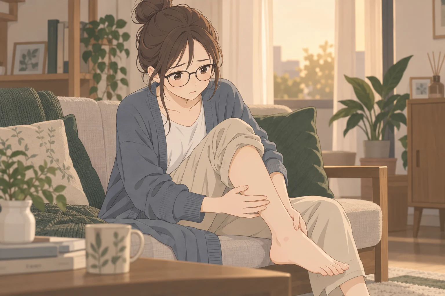 ふくらはぎに触れて心配そうなみなみ