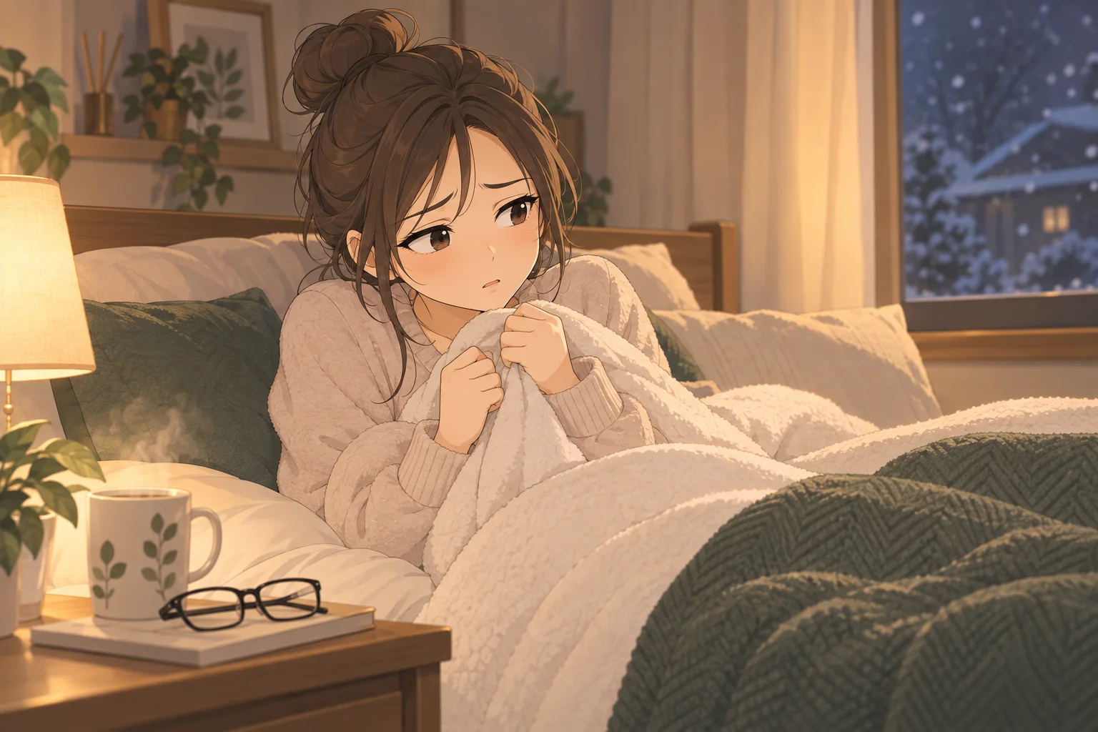 冬の寝室で布団を引き寄せるみなみ