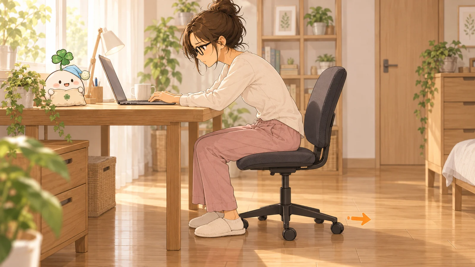 作業中に上半身が前へ倒れ、椅子が机から後ろへ離れていく様子