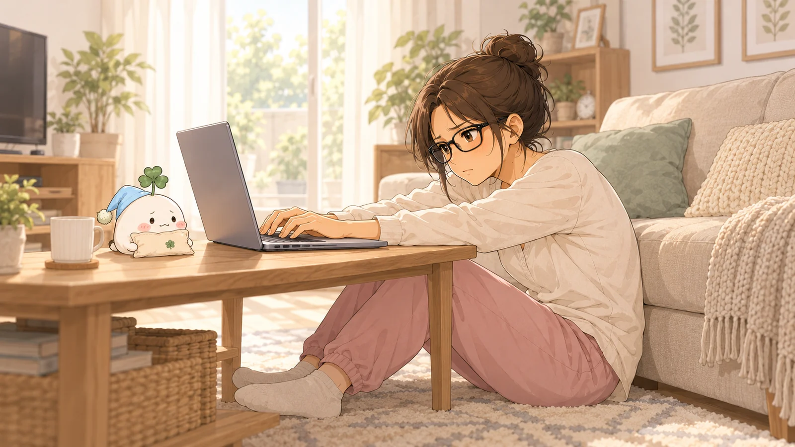 ソファーを背もたれにし、お尻を前へずらしてローテーブルで作業する様子