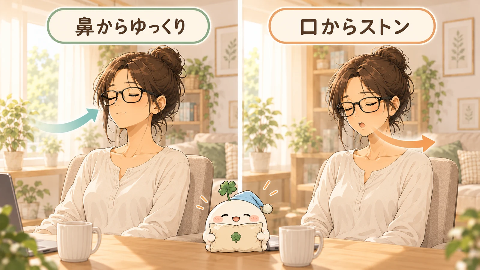 鼻からゆっくり吸い、口からため息のようにストンと吐く流れ