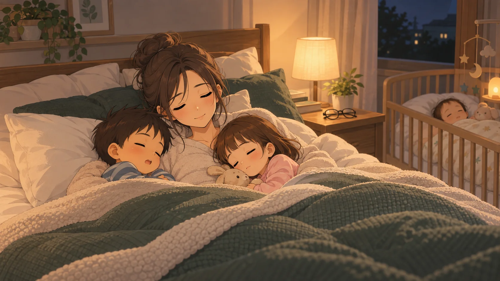 家族で布団にくるまって眠るシーン