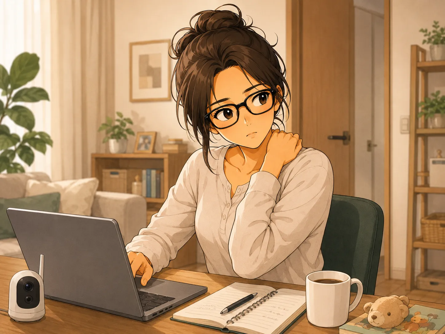 在宅ワーク中、デスクに向かいながら肩に力が入っているみなみ