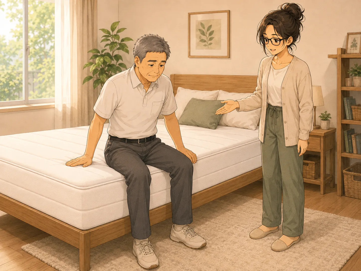 実家に帰省したみなみが、マットレスに座って確かめる父と一緒にいるシーン
