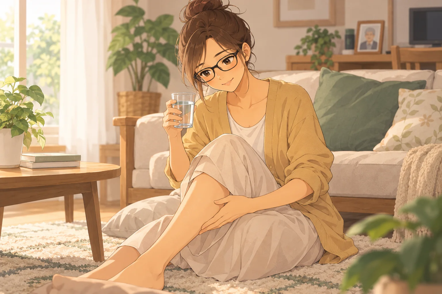 水を飲みながらふくらはぎをさするみなみ