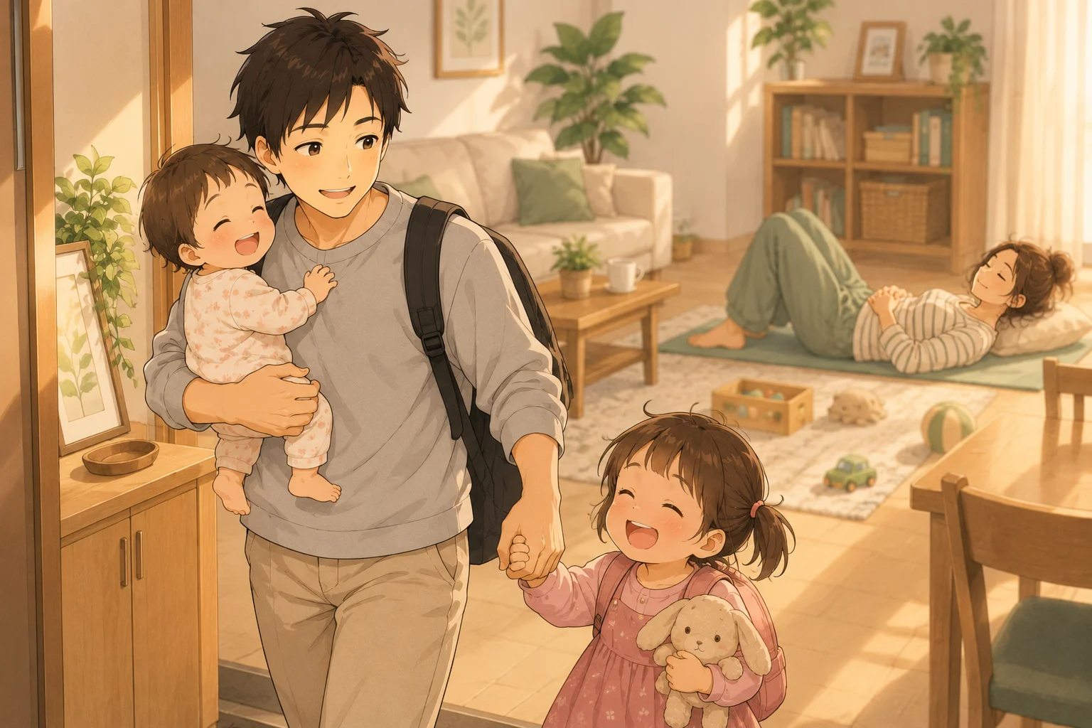 夫が赤ちゃんを抱き娘の手を引く、奥でみなみが体操