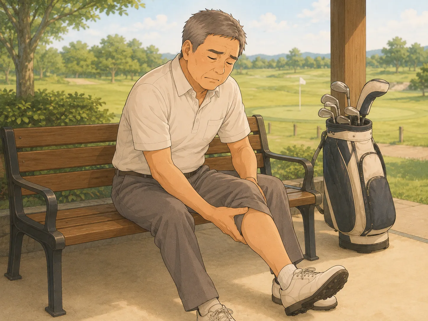 ゴルフ場でふくらはぎをさするみなみの父