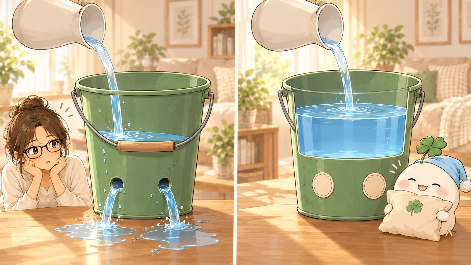 2つの穴から水がこぼれるバケツと、穴をふさいで水がたまるバケツの対比