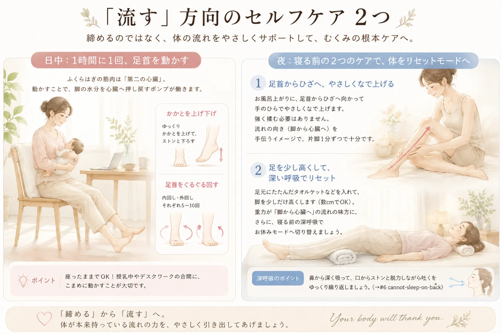 むくみを流す方向のセルフケア2つの図解。日中は1時間に1回かかとの上げ下げや足首回しでふくらはぎを動かし、夜はお風呂上がりに足首からひざへなで上げ、足元を少し高くして深呼吸で休む