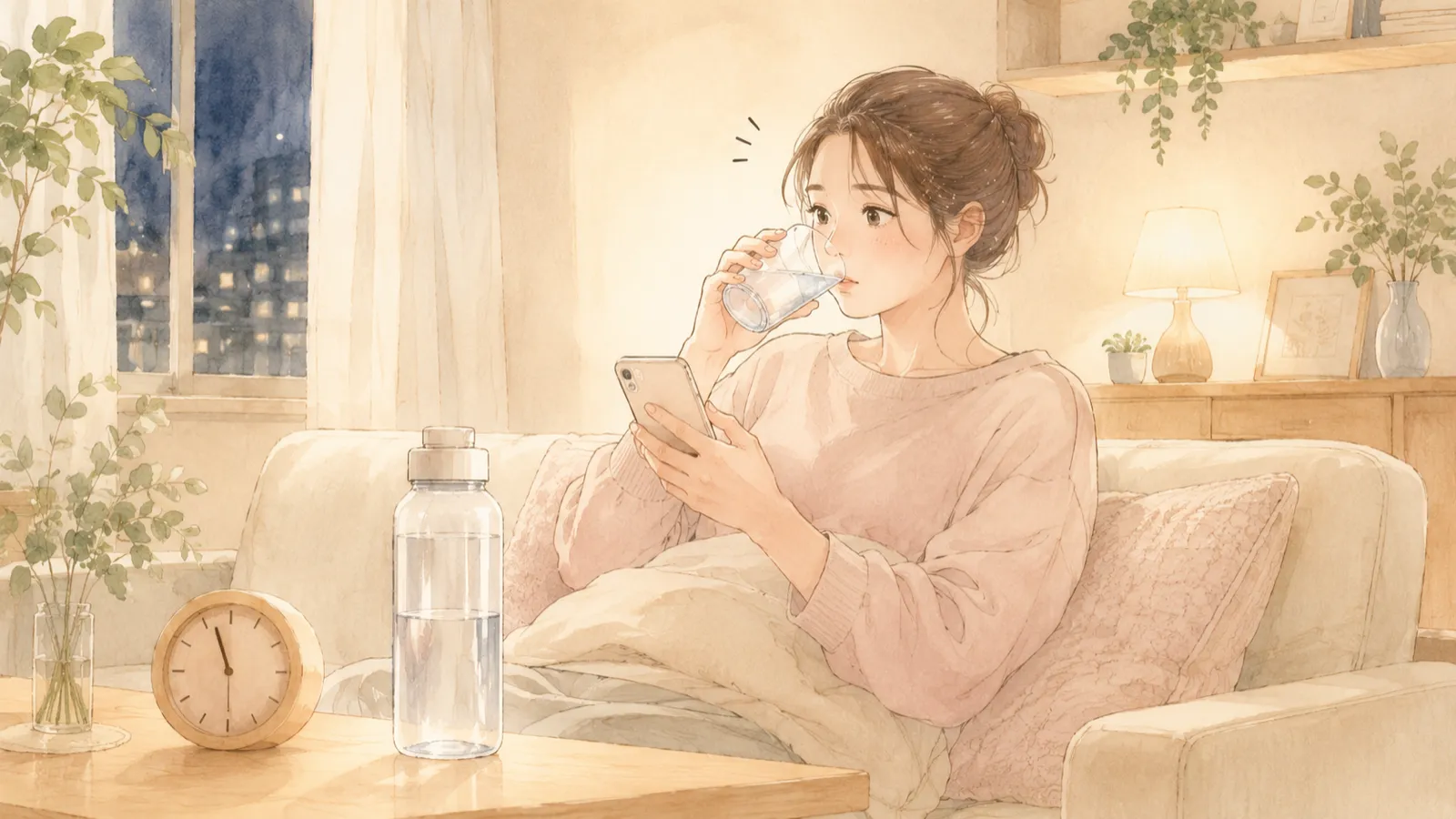 夜、寝る前にソファでスマホを見ながらコップの水を飲む女性