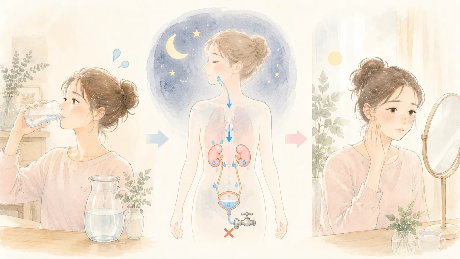 寝る前に水をがぶ飲みすると翌朝むくむ仕組みの図解。睡眠中は尿の生成が減り、下の蛇口が閉まった状態になるため、行き場のない水分が体に留まりやすい